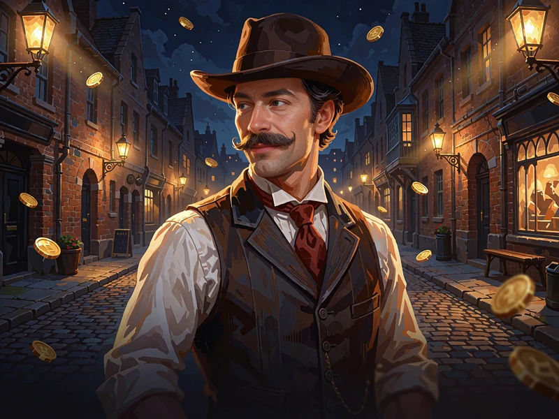 Wąsaty bandyta w kapeluszu na tle brukowanej uliczki starego miasta o zmierzchu - ilustracja slotu Le Bandit