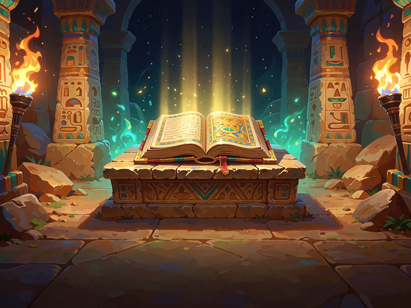 Złota otwarta księga na kamiennym ołtarzu w egipskiej komnacie oświetlonej pochodniami - slot Golden Book of Ra