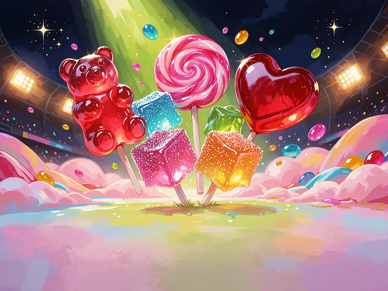 Błyszczące żelki, lizaki i cukierki na tle r&oacute;żowych chmur - kolorowa ilustracja slotu Sugar Rush 1000