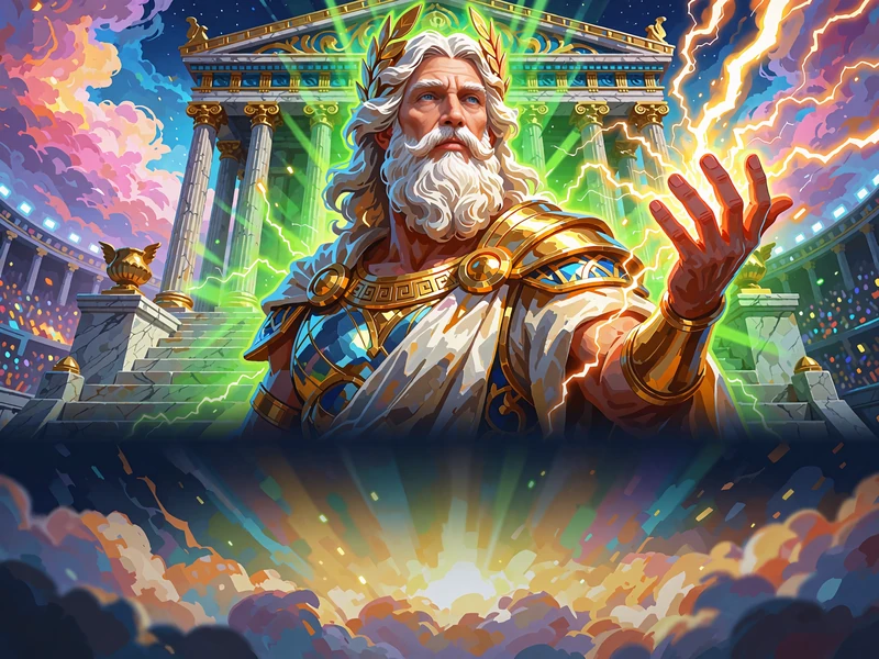 Brodaty b&oacute;g piorun&oacute;w w laurowym wieńcu przed marmurową świątynią - ilustracja slotu Gates of Olympus